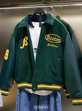 柜799！秋冬学院男装毛呢仿皮袖拼接刺绣夹克4302314 500棉服外套