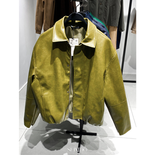 宽松仿皮翻领夹克PU简约皮衣外套3833302 柜699 男装 新品 511 秋季