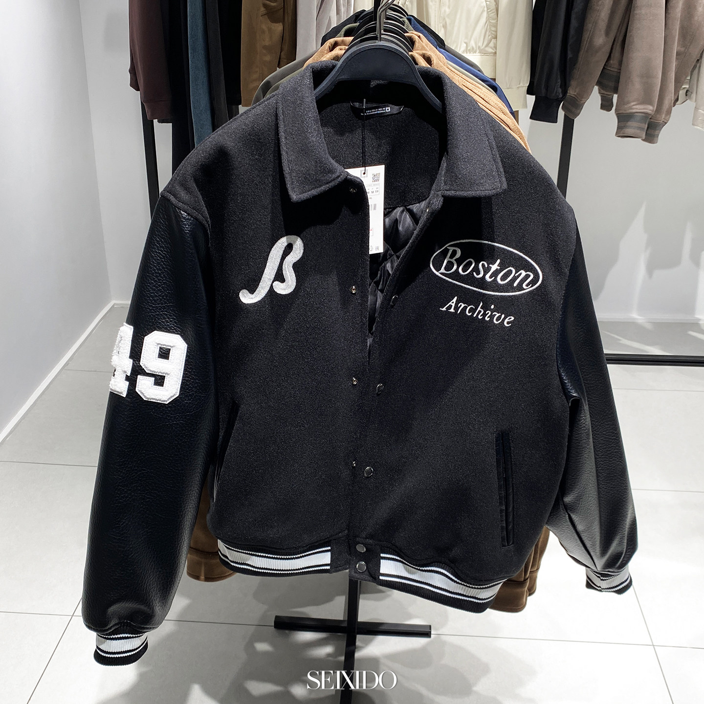 柜799！欧美男装宽松刺绣拼接飞行员夹克棉服皮袖外套4302425 800