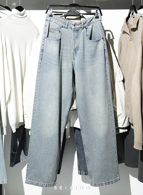 柜319！欧美简约男装多色棉质宽松水洗牛仔休闲长裤8062380直筒裤