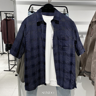 男装 微皱格子修身 直筒翻领短袖 柜329 1063471 新品 薄衬衫 073 夏季