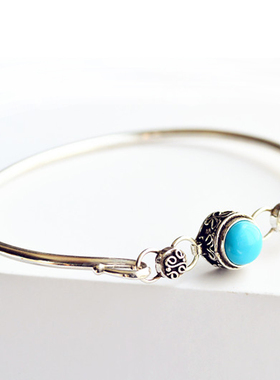 s925银饰镶嵌天然绿松石清新手镯