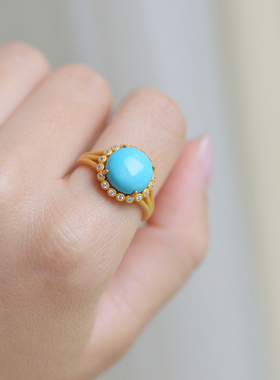 绿松石磨砂古法金戒指大颗闪闪