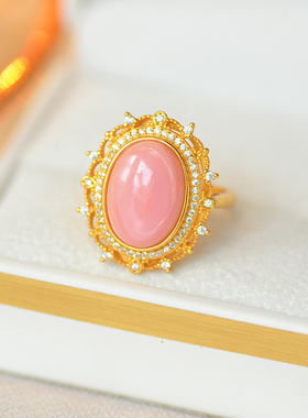 天然女王贝 胭脂螺 无优化S925银纯银蕾丝镂空面大戒指开口可调