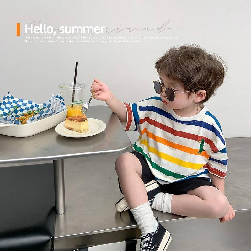 2025儿童夏季彩虹条纹洋气上衣宝宝卡通短袖男女童夏装圆领T恤,运动/瑜伽/健身/球迷用品,儿童泳衣/裤,淘宝优惠券,粉丝福利购,淘宝优惠卷