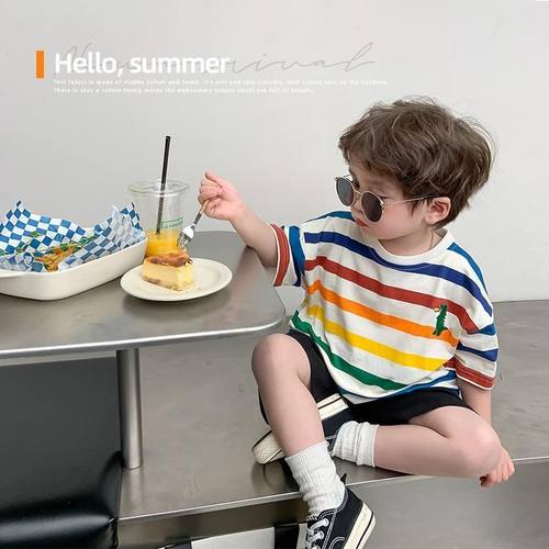儿童夏季彩虹条纹卡通短袖上衣