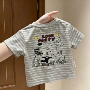 儿童夏季轻薄宽松中性风条纹短袖男女童半袖T恤夏装亲子家庭上衣