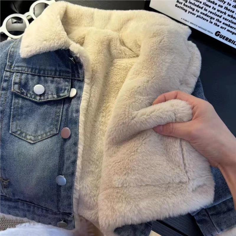 男女童冬季新款加绒加厚牛仔外套儿童白色仿兔毛宝宝翻领保暖上衣