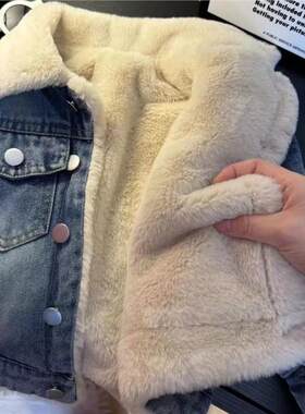 男女童冬季新款加绒加厚牛仔外套儿童白色仿兔毛宝宝翻领保暖上衣