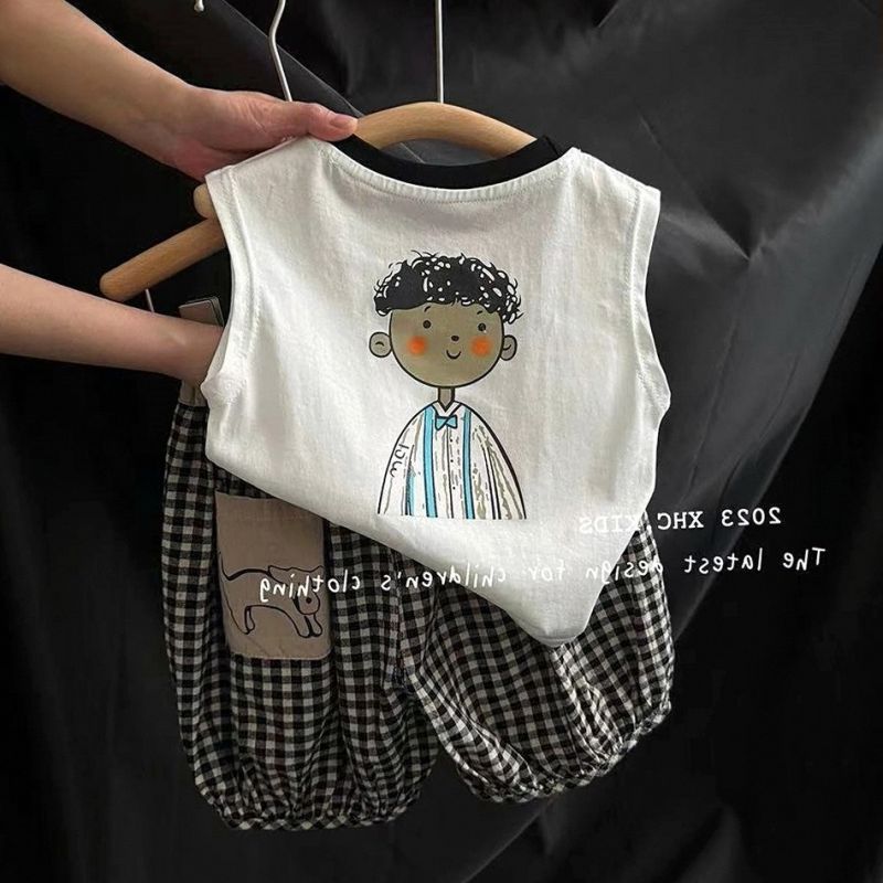 夏季新品~男女童韩系纯棉背心套装儿童夏装短袖短裤两件套亲子装