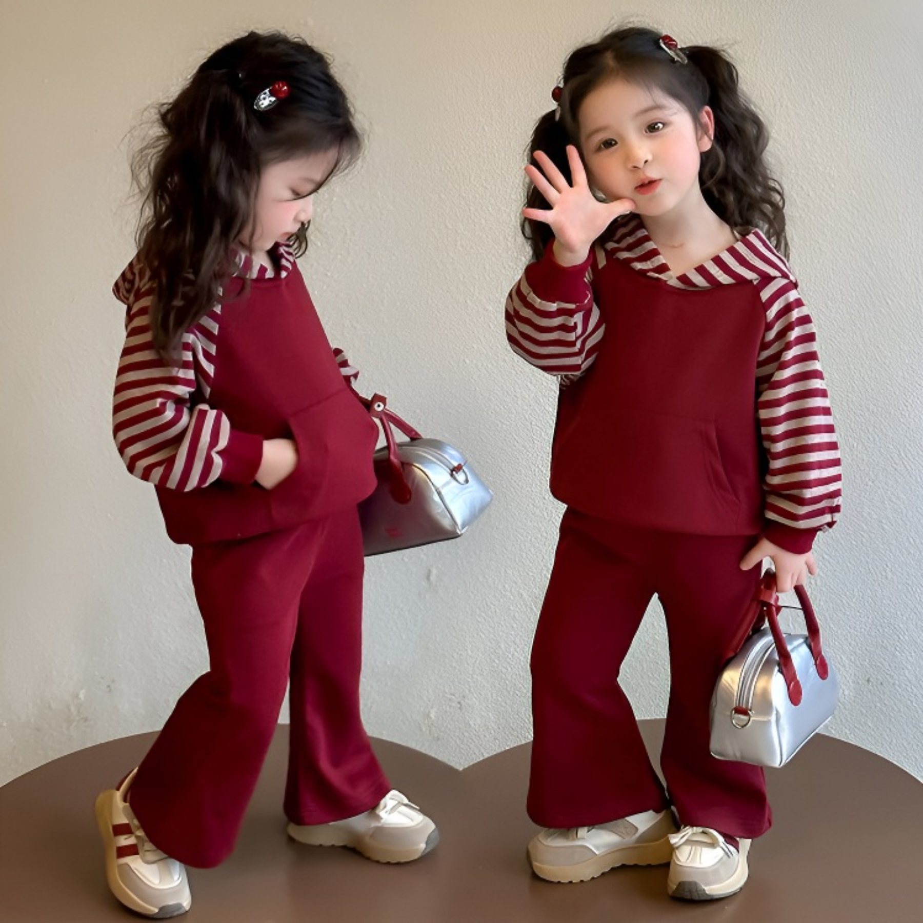 女童春秋季新款条纹连1帽卫衣套装儿童宝宝洋气休1闲两件套秋装