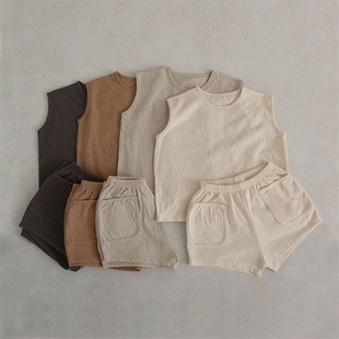 韩版 儿童夏季 纯棉深灰背心 速干短裤 男女童宝宝百搭ins两件套 套装