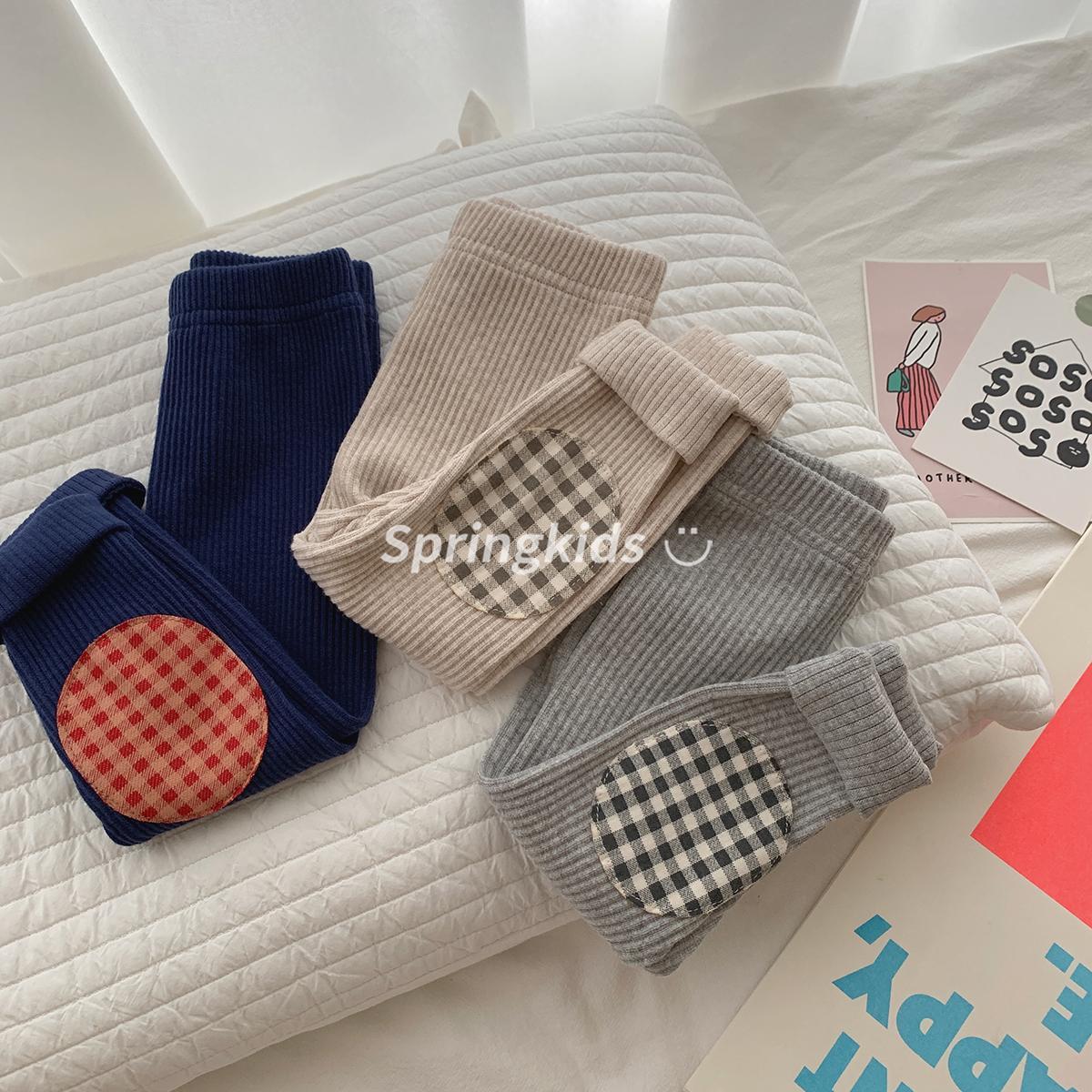 男女童宝宝春秋季撞色格1子补丁打底长裤儿童春装中小童外穿裤子