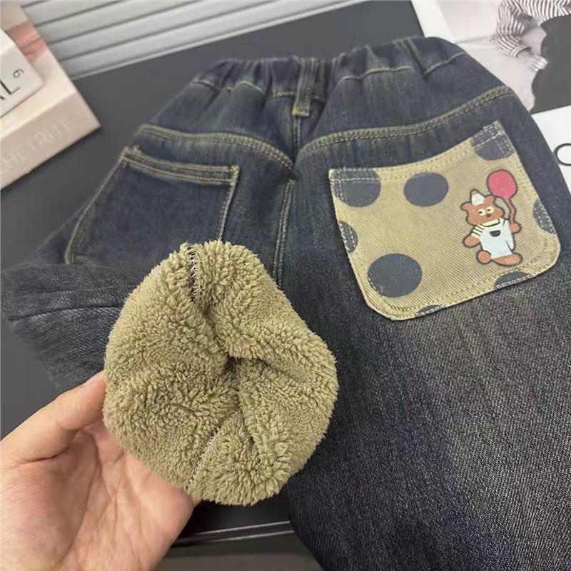 儿童冬季卡通可爱加绒加厚牛仔休闲裤男女童保暖冬装亲子家庭长裤