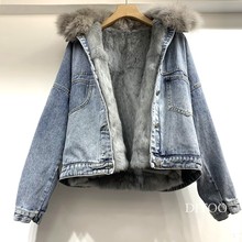 宽松拉链拼接兔毛内胆狐狸毛领皮草上衣 韩版 牛仔外套女短款 19新款