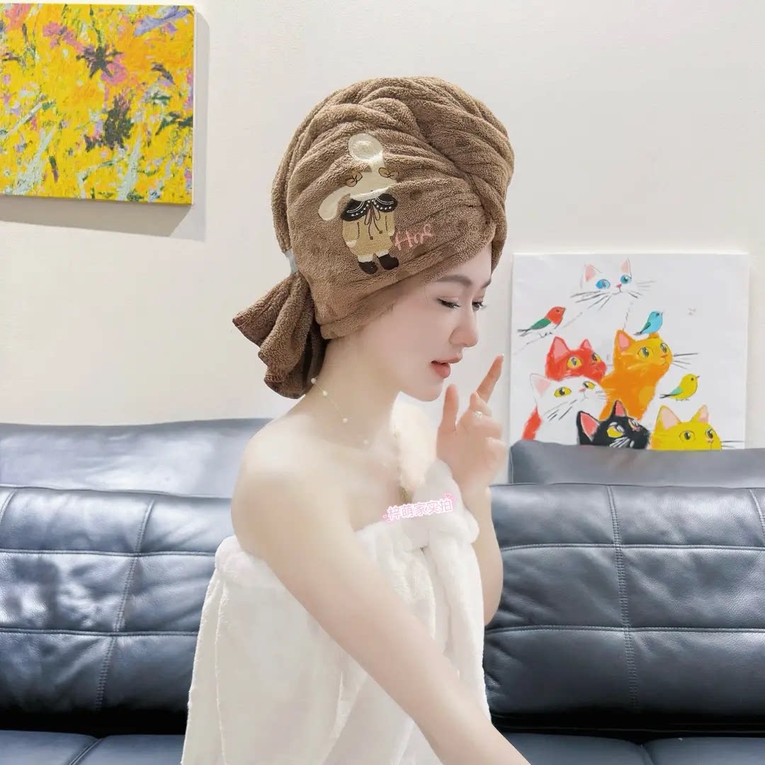 【下单立减50】法式干发帽卡通刺绣加大宽尾绑带速干吸水新工艺WB