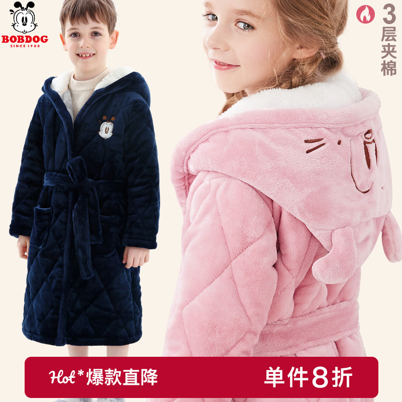 巴布豆儿童浴袍法兰绒秋冬男童睡衣女童睡袍珊瑚绒宝宝家居服加厚