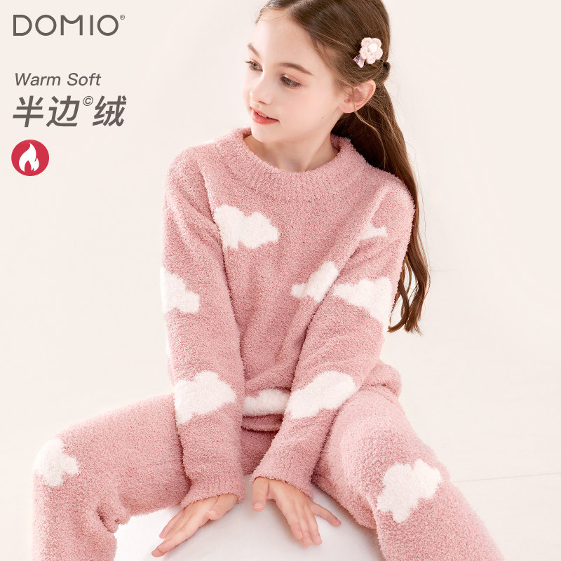 女童半边绒睡衣秋冬款儿童珊瑚绒加绒保暖家居服女孩大童亲子套装