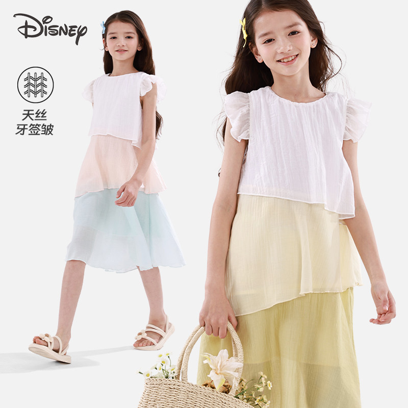 迪士尼女童连衣裙新款度假淑女夏装女孩大童洋气薄款公主长裙子
