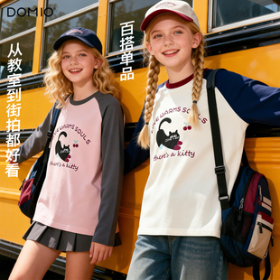 青少年女孩猫咪童装 上衣儿童打底衫 T恤2026新款 多妙屋女童长袖