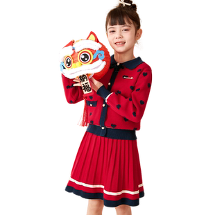 女童套装儿童裙子红色拜年服毛衣秋冬装纯棉厚针织大童过年新年装