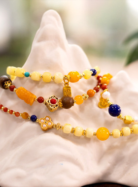 天然蜜蜡方珠手串搭配青金绿松石南红玛瑙单圈珠女款手链手饰