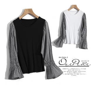 女士假两件长袖 百搭显瘦优雅拼格子亲肤棉质 t恤上衣 新款 2020春季