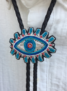 原创手工印度丝刺绣彩蓝色眼睛休闲潮流波洛领带bolo tie衬衣绳结
