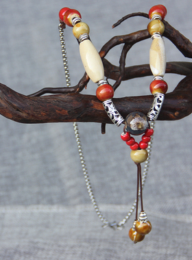 原创休闲潮流红色系手工串珠陶瓷珠波洛领带bolo tie项链衬衣配饰