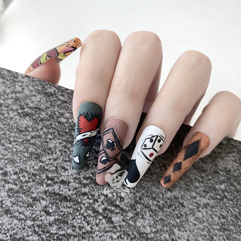 穿戴甲纯手工手绘扑克小丑美甲成品潮ins哥特风甲片个性欧美nails