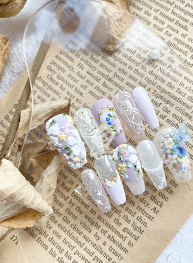 紫色油画风婚甲写真甲片御姐名媛白色简约个性小众不撞款美甲成品