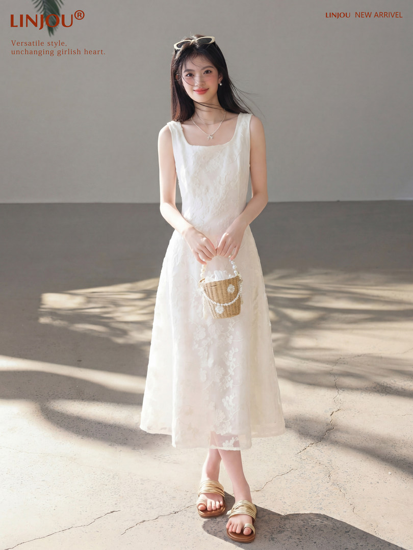 Woman wearing a white sleeveless midi dress with a woven handbag and sandals