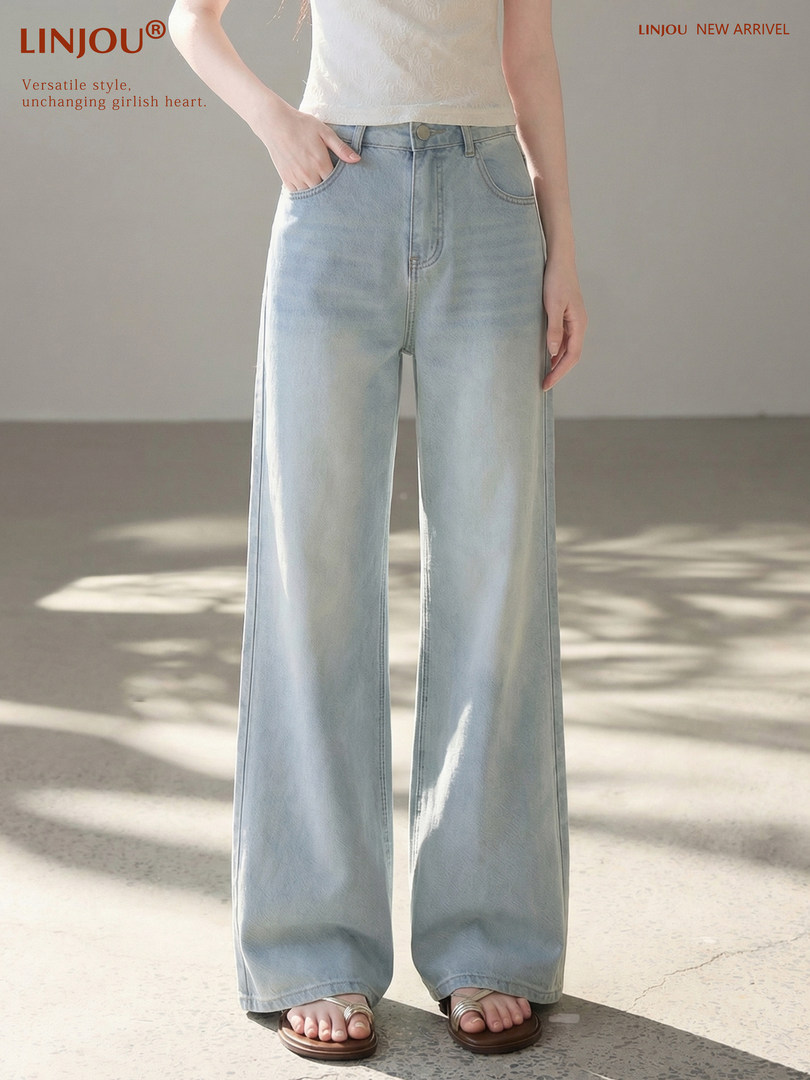 Light blue wide-leg jeans worn by a model