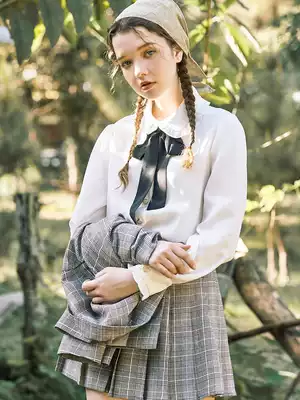 linjou Lingjiu French top autumn 2021 chiffon long-sleeved shirt doll collar bow lace-up white shirt female