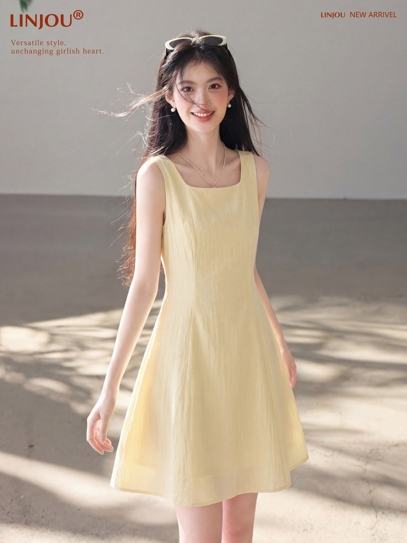 Model wearing a light yellow sleeveless dress with brand text overlay