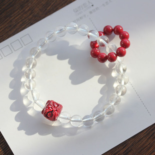 天然白水晶手链女款朱砂醒狮转运珠手串男款情侣礼物送女友闺蜜