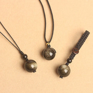 天然原矿黑曜石转运珠吊坠金曜石手机链挂坠水晶项链补水钥匙扣