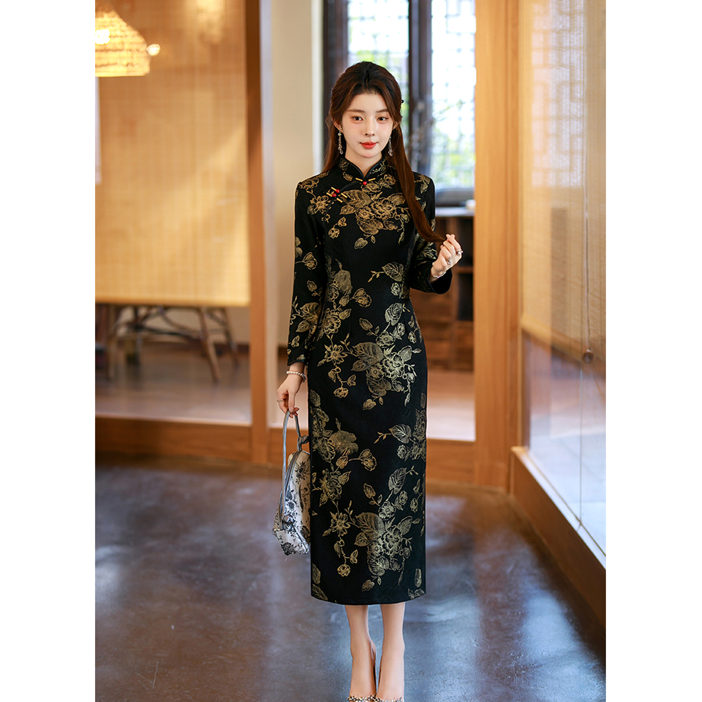 黑色丝绒烫金复古旗袍秋冬新款