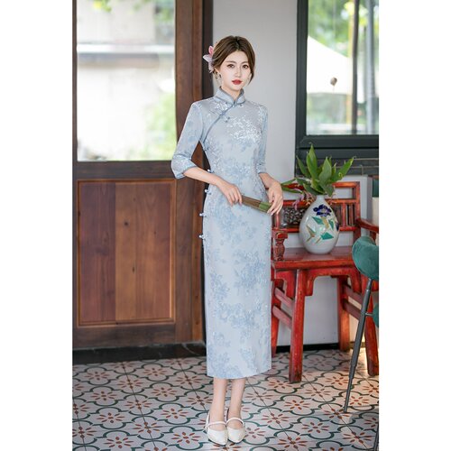 蓝色国风中式秋季长袖旗袍改良2026新款年轻款女复古修身收腰春秋