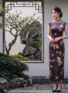 丝绒长款坎肩袖国风旗袍2026初秋新款中年女士修身气质旗袍连衣裙