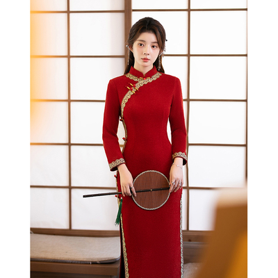 红色旗袍冬装刺绣冬季保暖加厚