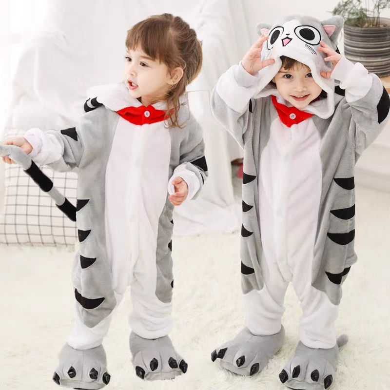 元旦儿童小猫咪演出服男童可爱学猫叫舞蹈服女童连体睡衣珊瑚绒冬