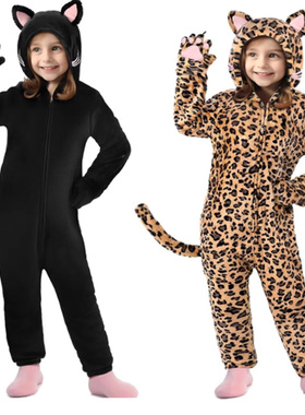 2025新款秋冬法兰绒动漫带猫爪黑猫豹纹小猫儿童动物连体睡衣演出