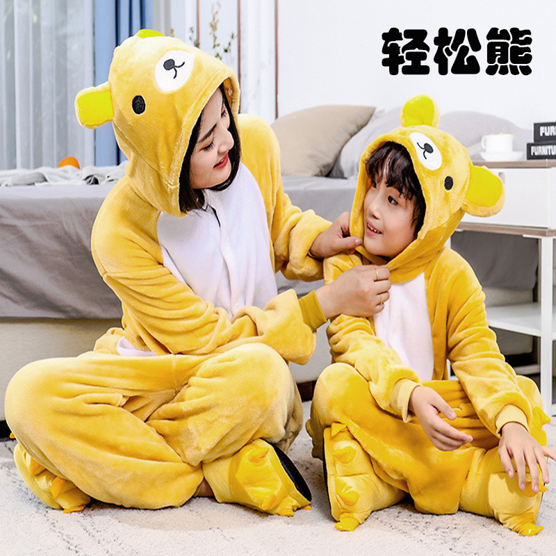 亲子秋冬法兰绒动物连体睡衣轻松熊情侣家居服男女童珊瑚绒表演服