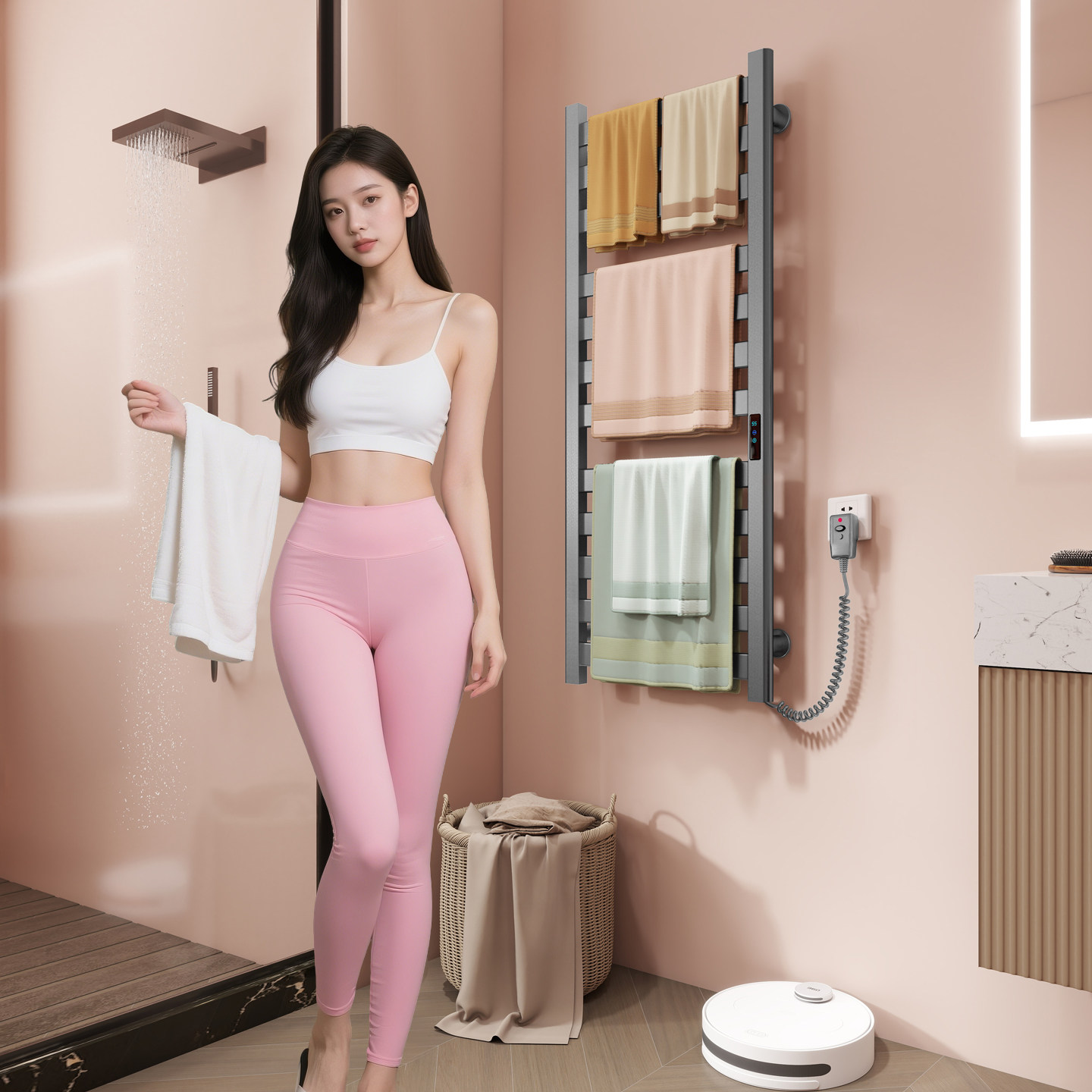 浴室烘干智能电动加热毛巾晾晒挂架子卫生间家用免打孔碳纤维落地