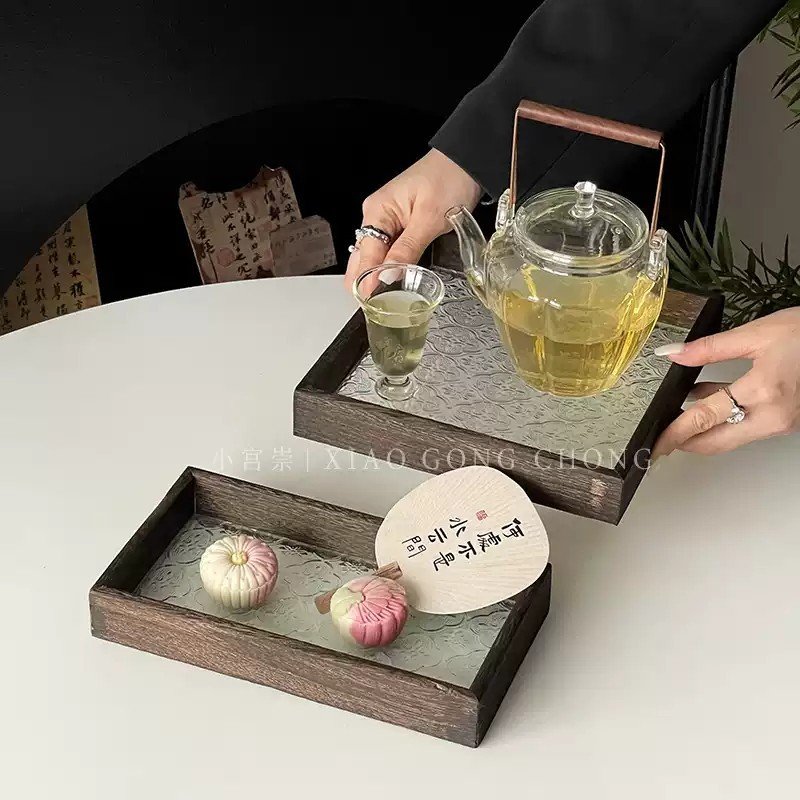 进口海棠花玻璃托盘复古长方形木质盘子家用水果点心盘茶盘收纳盘