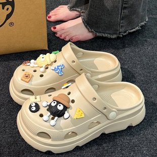 日本厚底洞洞鞋 女款 DIY夏季 外穿沙滩半拖防滑防臭包头凉拖鞋
