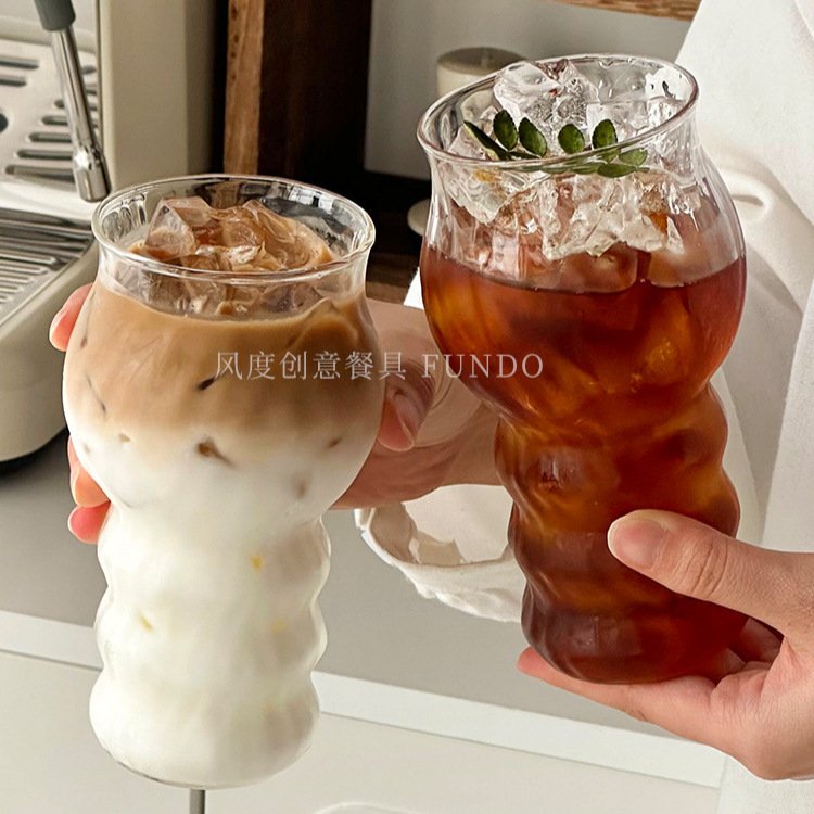 进口高级感烈焰纹玻璃杯美式咖啡杯家用创意气泡水杯果汁冷饮杯酒