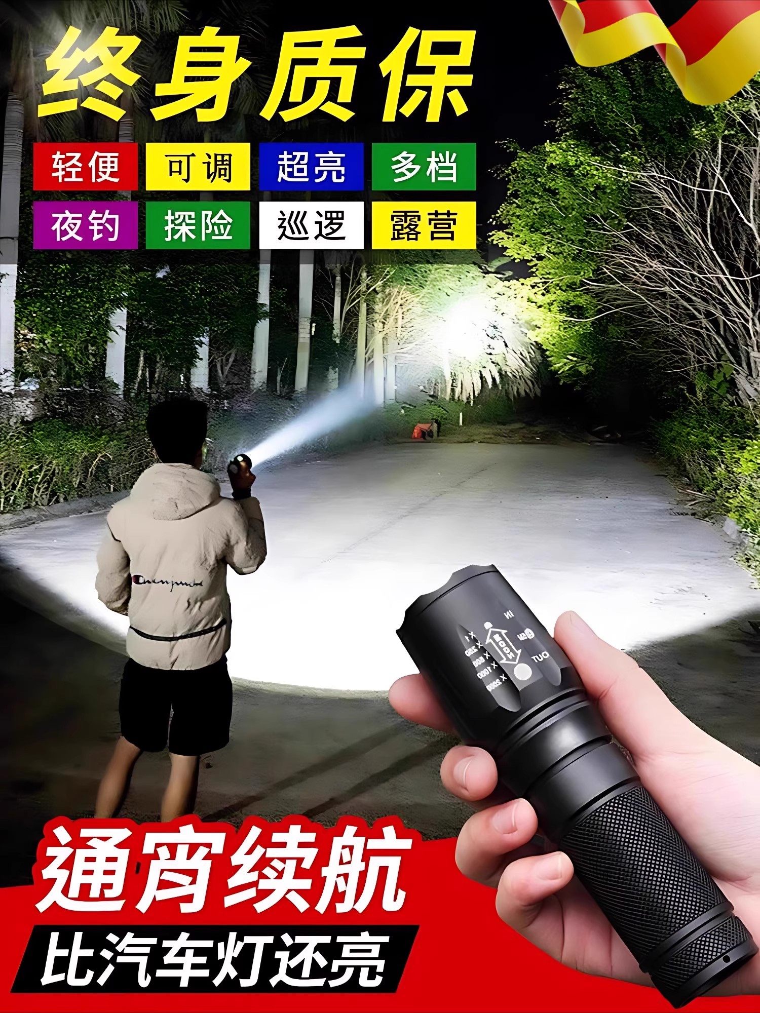 自行车夜骑前灯可充电防水强光手电筒聚焦远射山地车散光灯骑行装