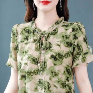 洋气碎花雪纺衬衫 女夏装 2025新款 宽松百搭蝴蝶结上衣遮肚显瘦小衫